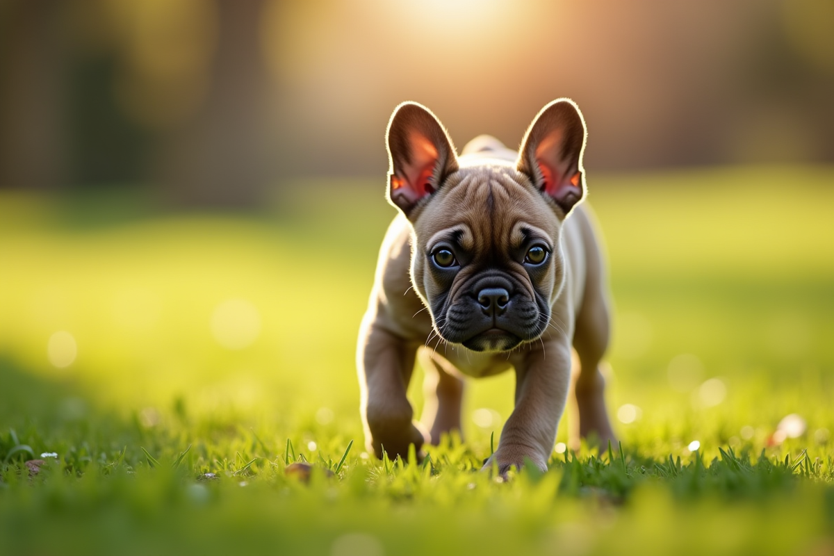 Chiot bulldog francais marchant sur lherbe au matin