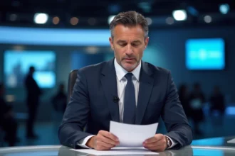 Présentateur télévision français en costume marine assis derrière un bureau de studio de journalisme télévisé
