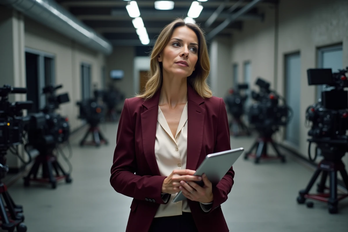 Présentatrice de télévision française en coulisses d'un plateau TV avec tablette numérique