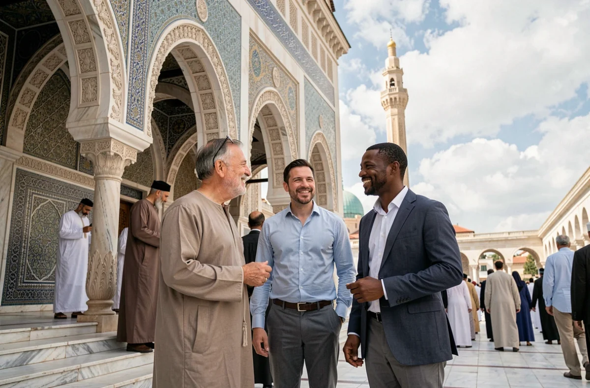 Fidèles discutant devant une mosquée à Marseille après la prière du vendredi