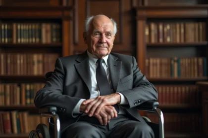 Professeur âgé en costume dans une bibliothèque