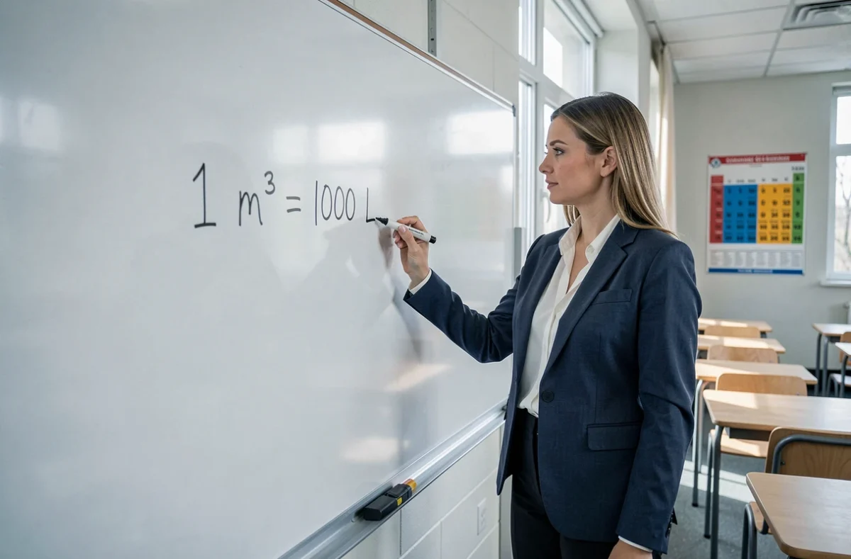 Professeure de physique expliquant la conversion mètre cube en litre au tableau dans une salle de classe