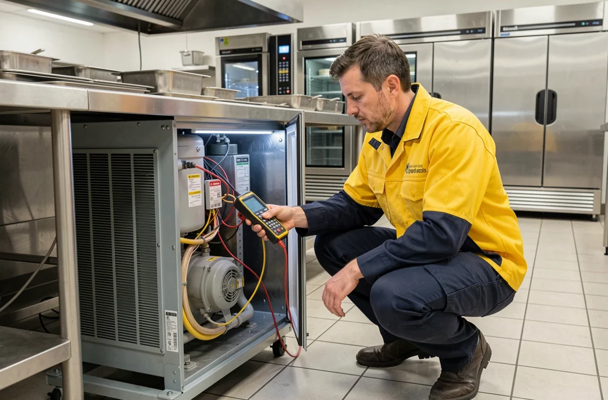 Technicien Profil Elec intervenant sur une unité de réfrigération dans une cuisine professionnelle du Grand Est
