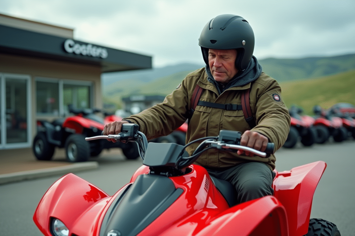 Homme d'âge moyen examine un quad rouge devant un concessionnaire