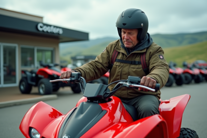 Homme d'âge moyen examine un quad rouge devant un concessionnaire