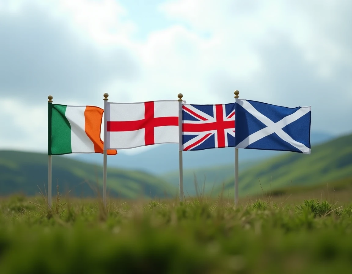 Quatre petits drapeaux des nations du Royaume-Uni plantés dans l'herbe avec collines verdoyantes en arrière-plan