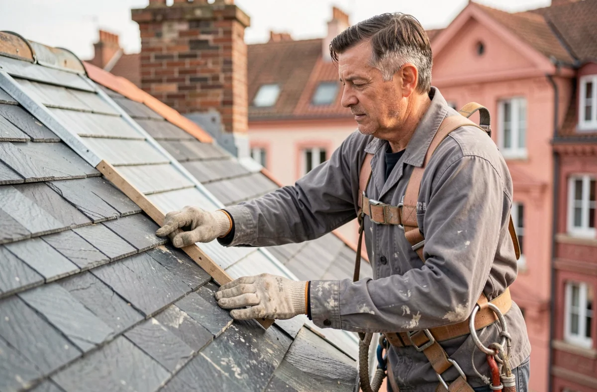 Couvreur installant une toiture en ardoise sur un immeuble en briques roses typique de Toulouse
