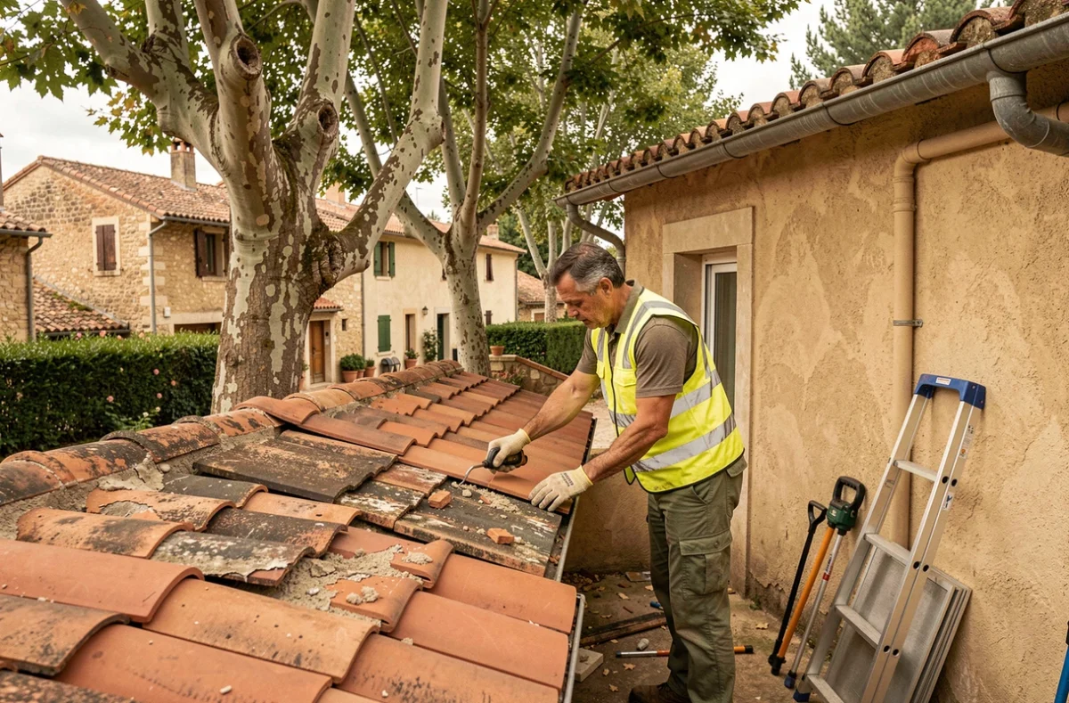 Couvreur en train de rénover une toiture en tuiles sur une maison résidentielle en Occitanie