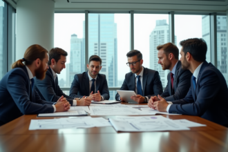 Groupe de developpeurs immobiliers en réunion moderne