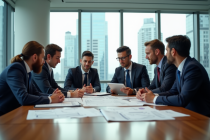 Groupe de developpeurs immobiliers en réunion moderne