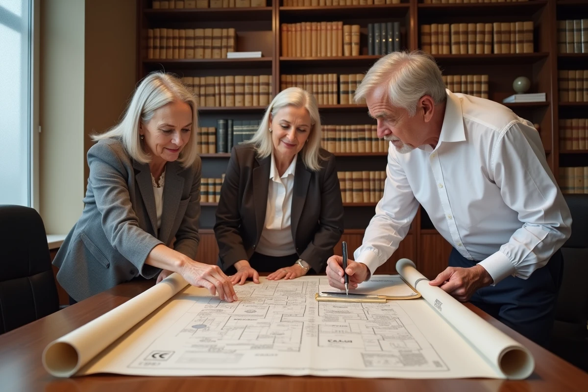 Réunion de famille avec un professionnel autour d'un plan cadastral pour répartir un terrain en héritage