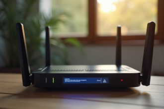 Zoom sur un routeur internet moderne sur un bureau en bois