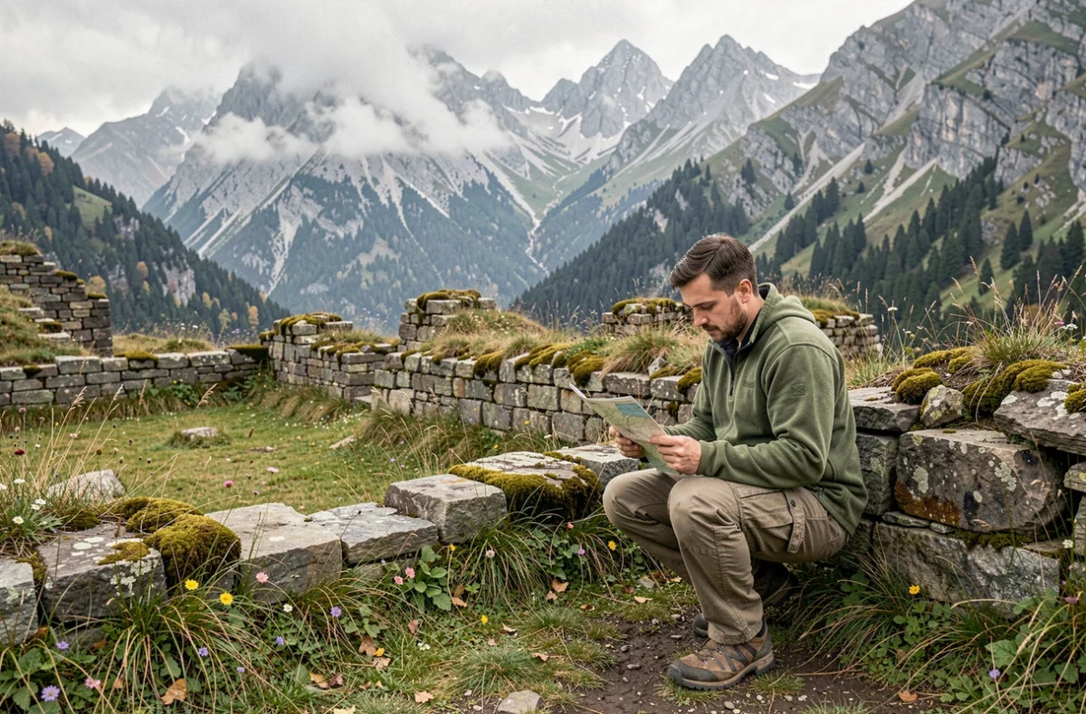 Randonneur explorant les ruines du Berghof sur le plateau d'Obersalzberg dans les Alpes bavaroises