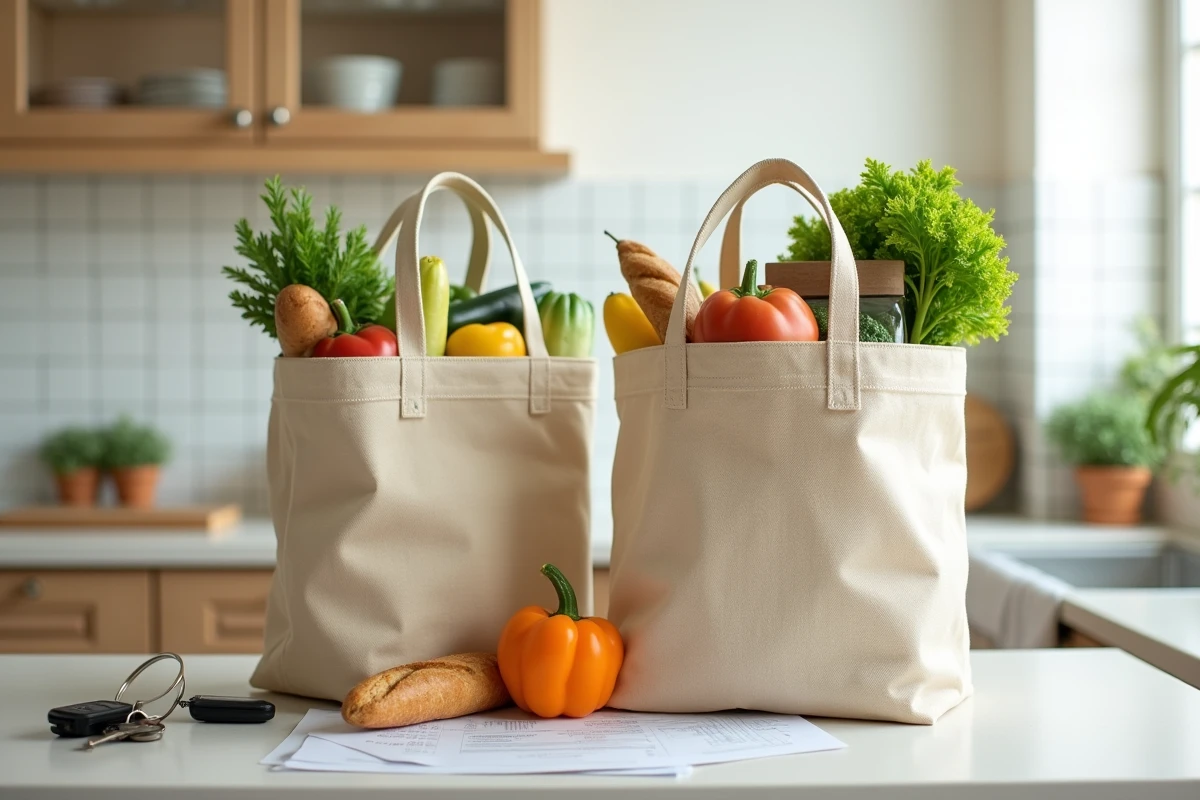 Sacs de courses Leclerc Drive posés sur un comptoir de cuisine avec des produits frais à Senlis