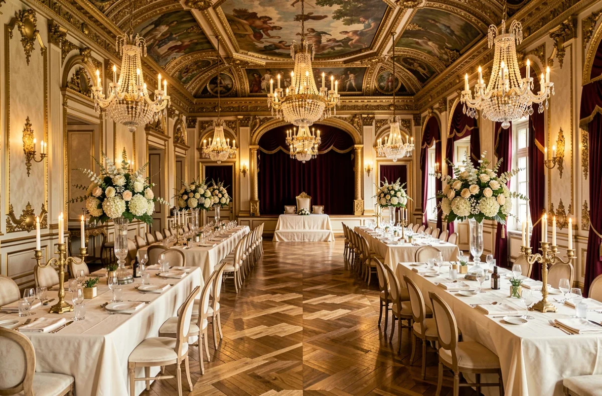 Salon de réception doré des Salons du Château France Événement avec tables dressées et lustre en cristal
