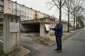 Touriste lisant une plaque historique à l'entrée du site mémorial du Führerbunker à Berlin