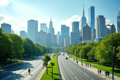 Vue d'une skyline urbaine moderne avec parcs et piétons