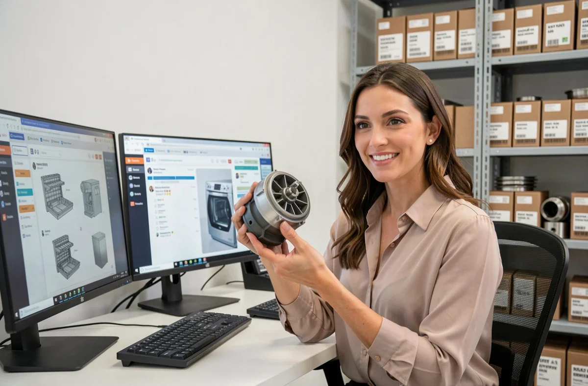 Conseillère SOS Accessoire présentant une pièce détachée d'électroménager lors d'une assistance technique en ligne