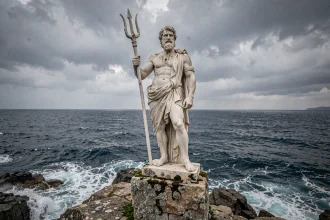 Statue de marbre antique de Poséidon dieu grec de la mer tenant un trident sur une falaise rocheuse au bord de l'Égée