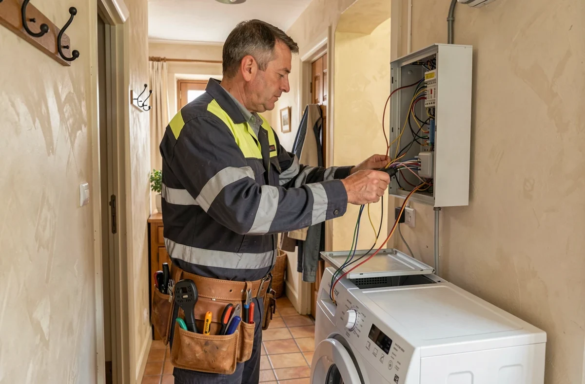 Électricien et dépanneur Steven Muller intervenant sur un tableau électrique et un sèche-linge à Chalaines