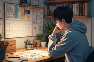 Jeune homme japonais dans un studio d'animation entouré de storyboards et d'un calendrier de production d'anime