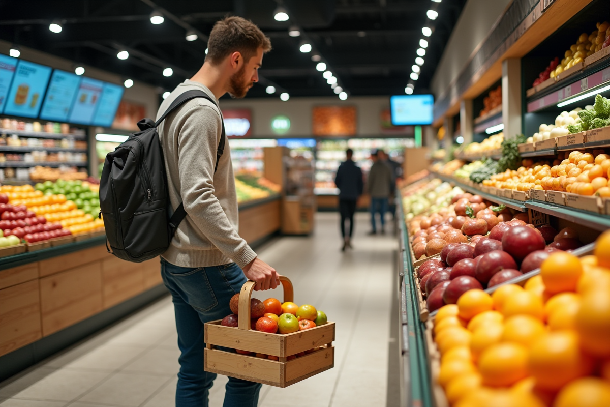 Jeune homme faisant ses courses dans un supermarché moderne