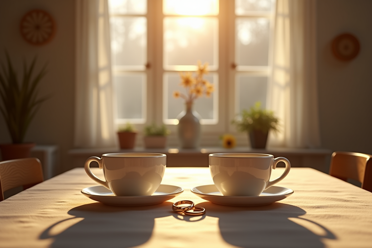 Table pour deux avec tasses et alliances dans la cuisine lumineuse