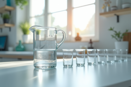 Table de cuisine avec un verre doseur rempli à 100 cl et des béchers lumineux