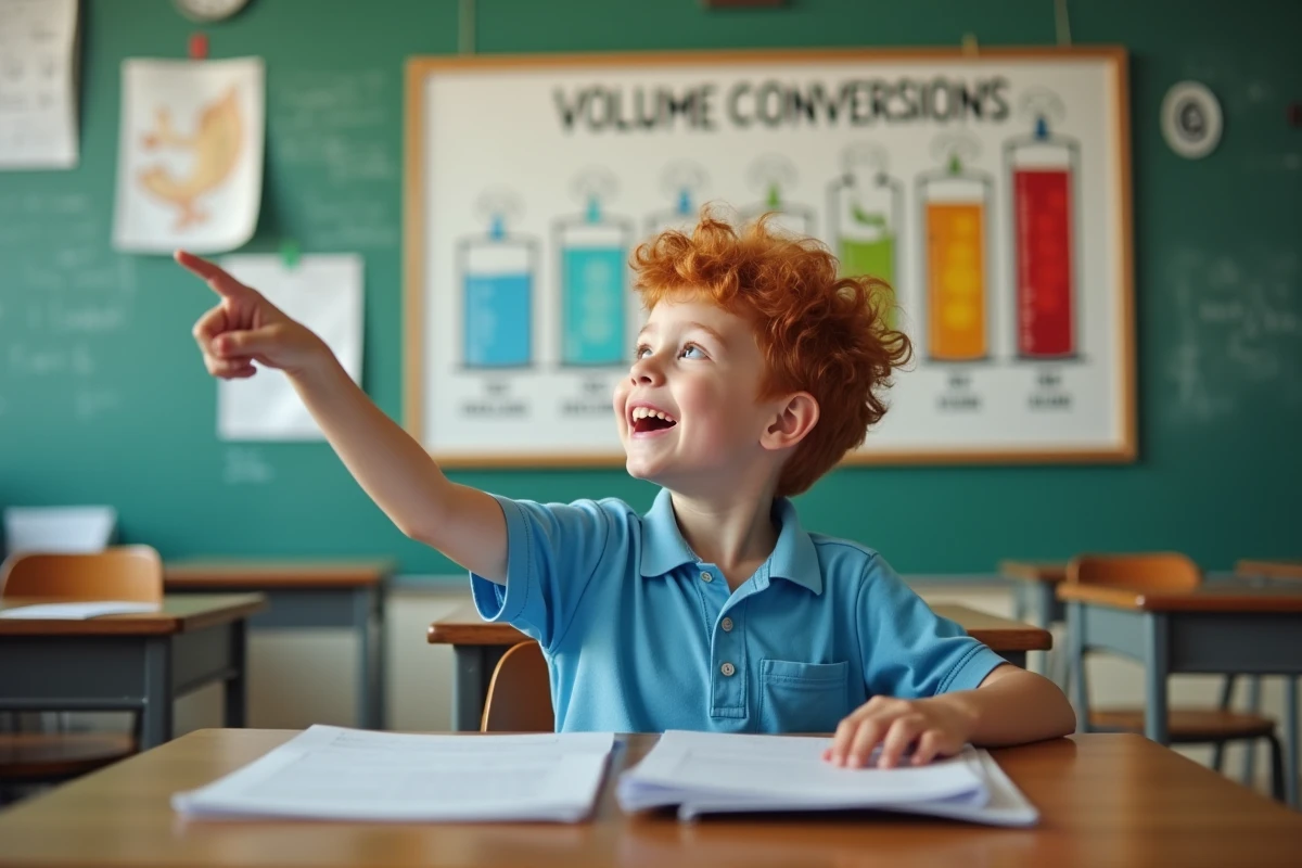 Garçon pointant un tableau illustré de conversion des litres en millilitres affiché dans une salle de classe
