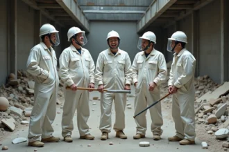 Groupe de collègues en combinaisons blanches dans une rage room lors d'un team building à Lyon