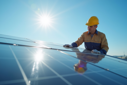 Technicien en uniforme inspectant un panneau solaire sur le toit