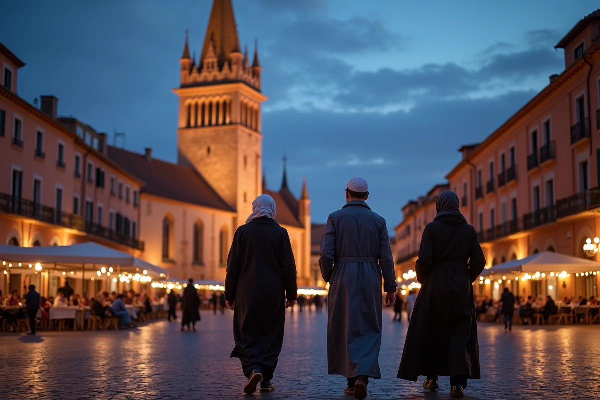 Place de la Basilique Saint-Sernin à Toulouse au crépuscule, évoquant l'heure de la prière al-icha en 2026