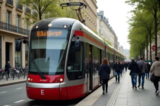 Tramway ligne E de Bordeaux en station avec passagers, comparaison des lignes de tram du réseau TBM