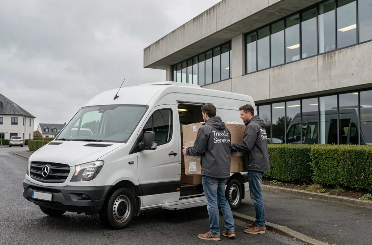 Équipe Traslo Service chargeant un van devant un immeuble de bureaux dans le Finistère