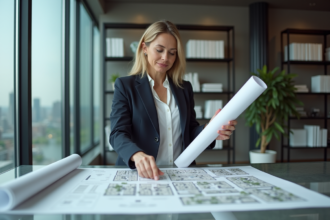Urbaniste femme en réunion avec plans et carte urbaine
