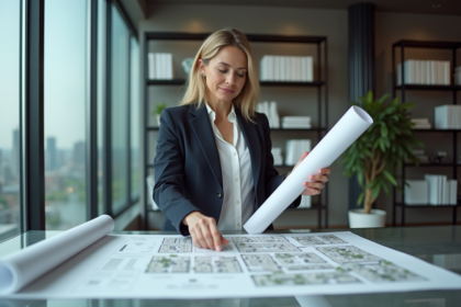 Urbaniste femme en réunion avec plans et carte urbaine