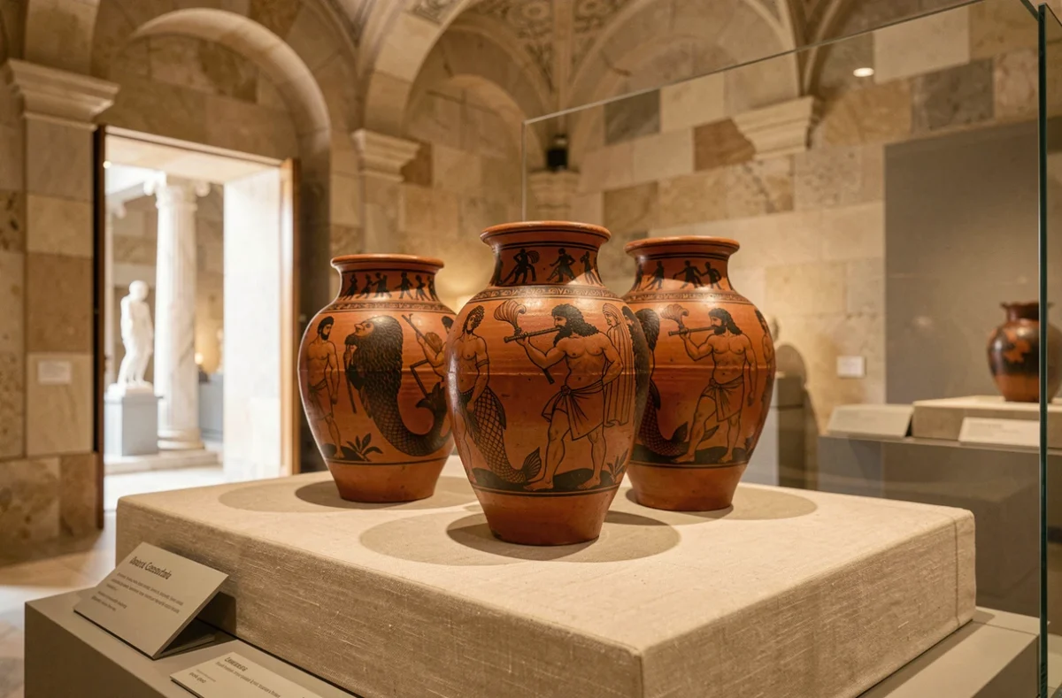 Vases grecs anciens en céramique exposés dans un musée illustrant les divinités marines Nérée et Triton en figures rouges