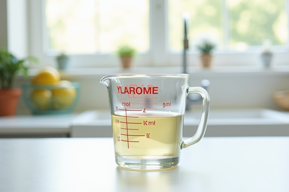Verre mesureur rempli jusqu'à 300 ml sur plan de cuisine lumineux