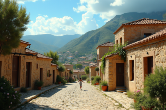Village algerien ensoleille avec maisons en pierre et enfants jouant