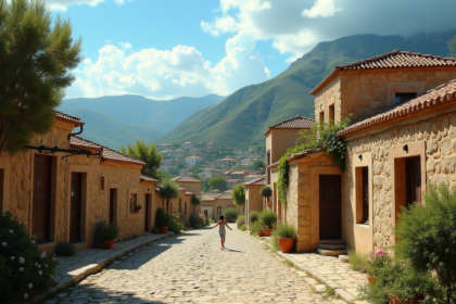 Village algerien ensoleille avec maisons en pierre et enfants jouant