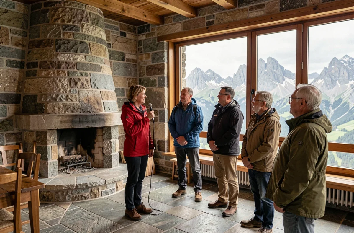 Guide touristique présentant l'histoire du Nid d'Aigle Kehlsteinhaus à un groupe de visiteurs