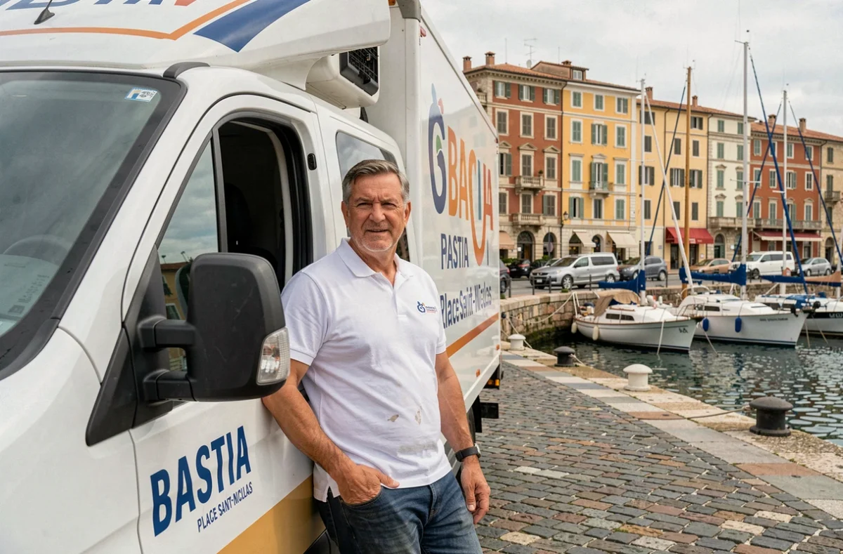 Chauffeur de Vittori Transports Déménagements appuyé contre son camion sur le port de Bastia avec la vieille ville en arrière-plan