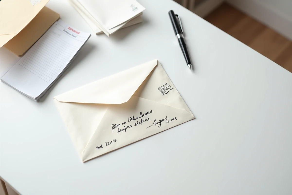 Vue de dessus d'une enveloppe manuscrite avec guide d'adressage postal et stylo sur un bureau blanc