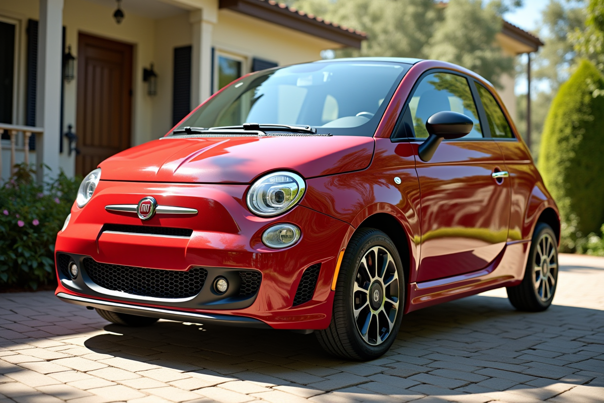 Voiture Fiat 500 stationnée sur une allée ensoleillée